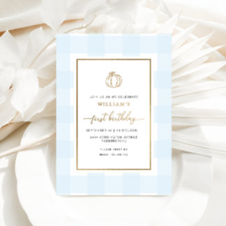 Fall Pumpkin Blue Gingham Birthday Foil Einladung