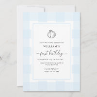 Fall Pumpkin Blue Gingham Einladung zum 1. Geburts