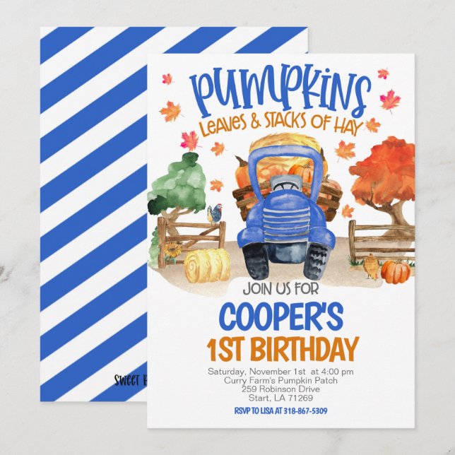 Fall Pumpkin Blue Tractor Boys Birthday Einladung (Vorne/Hinten)
