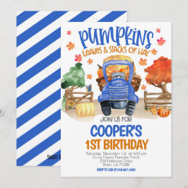 Fall Pumpkin Blue Tractor Boys Birthday Einladung