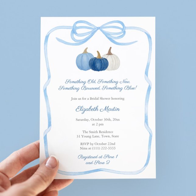 Fall Pumpkin Bow Etwas Blue Brautparty Einladung (Something Old New Borrowed Blue Pumpkins Bridal Shower Party Invitation With Coquette Bow)