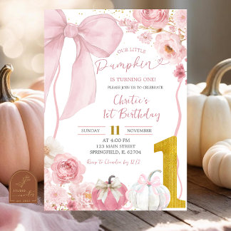 Fall Pumpkin Bow Pink Coquette Floral Geburtstag Einladung