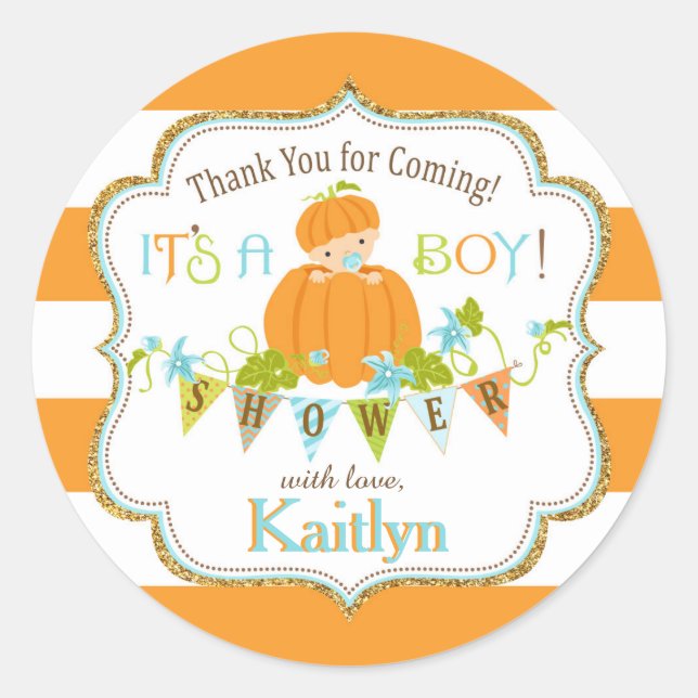 Fall Pumpkin Boy Gold Glitzer Kinderdusche Runder Aufkleber (Vorderseite)