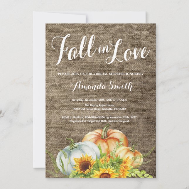 Fall Pumpkin Bridal Dusche Einladung Burlap (Vorderseite)