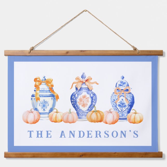 Fall Pumpkin Chinoiserie Ginger Jar Wandteppich Mit Holzrahmen (Vorne)
