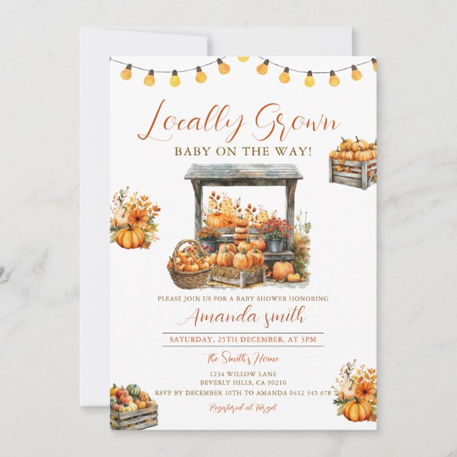 Fall Pumpkin Cute Locally Grown Market Baby Shower Einladung (Vorderseite)