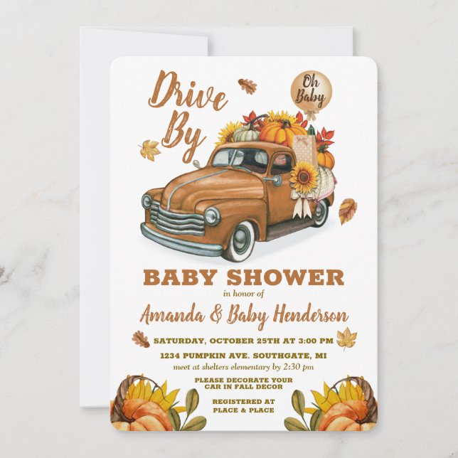 Fall Pumpkin Drive by Baby Shower Einladung (Vorderseite)