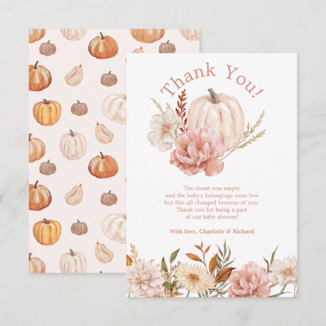 Fall Pumpkin Floral Baby Dusche Danke Karte (Vorne/Hinten)