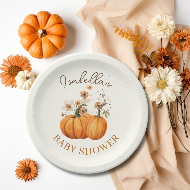 Fall Pumpkin Floral Baby Shooting Paper Cocktail Pappteller (Fall Pumpkin Paper Plate)