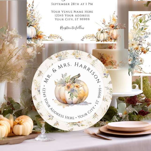 Fall Pumpkin Floral Wildblume Leaf Rücksendeadress Runder Aufkleber (Von Creator hochgeladen)