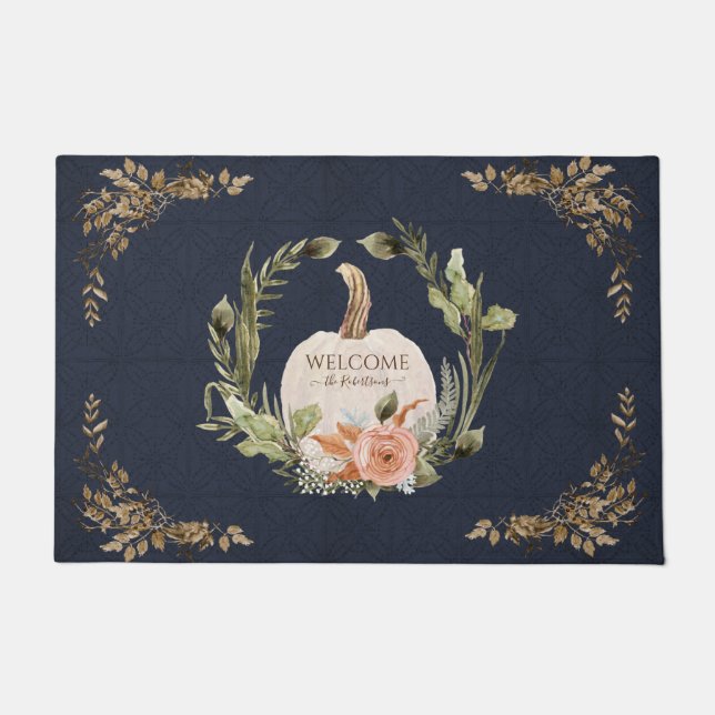 Fall Pumpkin Foliage Peach Floral Welcome Family  Fußmatte (Vorderseite)