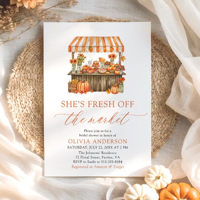 Fall Pumpkin Fresh off Market Brautparty Einladung (Orange Gingham Fall Pumpkin Fresh Off the Market Bridal Shower Invitation)