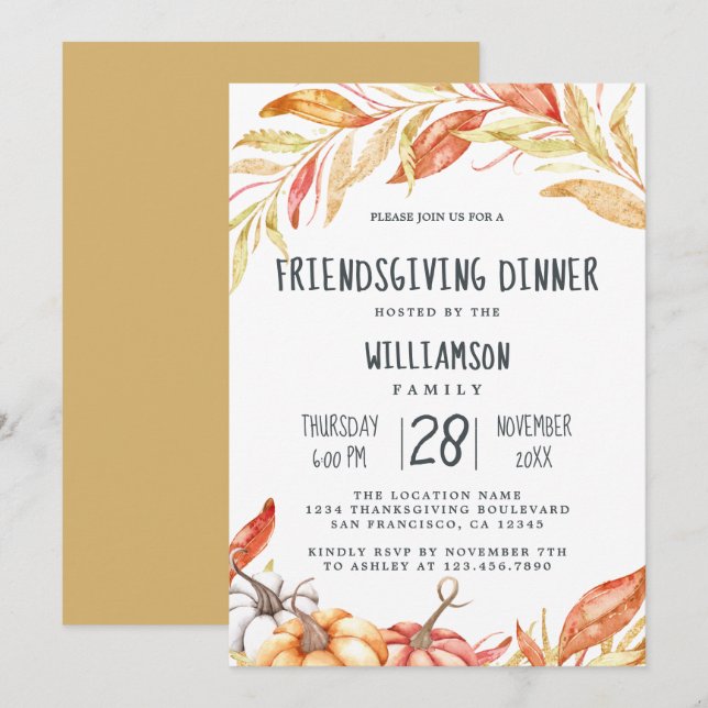 Fall Pumpkin Golden Foliage Friendsgiving Dinner Einladung (Vorne/Hinten)