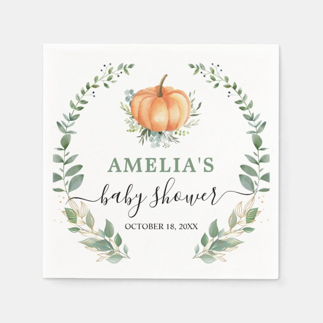 Fall Pumpkin Greenery Gold Foliage Baby Shower Serviette (Vorderseite)
