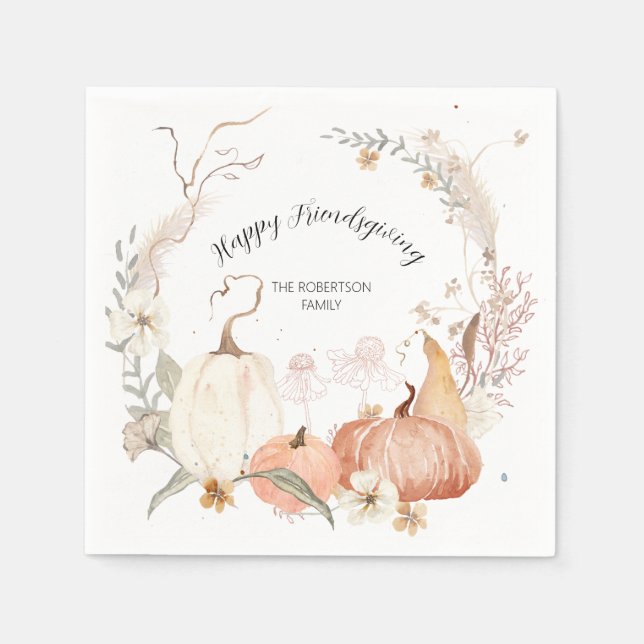 Fall Pumpkin Happy Friendsgiving Floral Watercolor Serviette (Vorderseite)