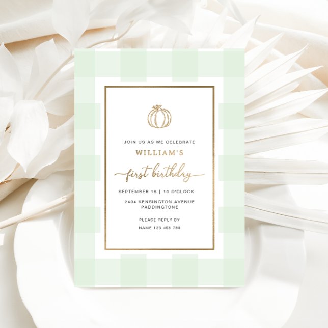 Fall Pumpkin Mint Gingham Birthday Foil Einladung (Pumpkin Mint Green Gingham First Birthday Invitation)