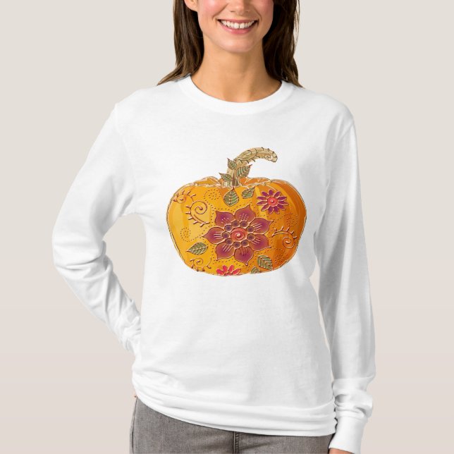 Fall Pumpkin mit Blume T-Shirt (Vorderseite)