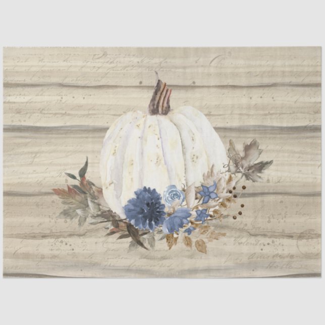 Fall Pumpkin Navy Blue Floral Script Wooden Seidenpapier (Vorderseite)