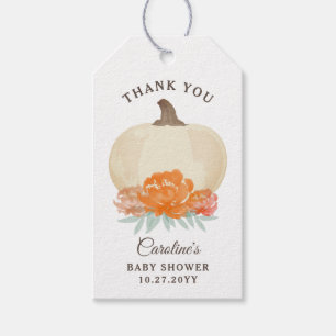 Fall Pumpkin Orange Floral & Burlap Baby Dusche Geschenkanhänger