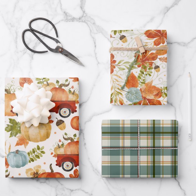 Fall Pumpkin Patch Truck Kariert Geschenkpapier Set (Vorderseite)