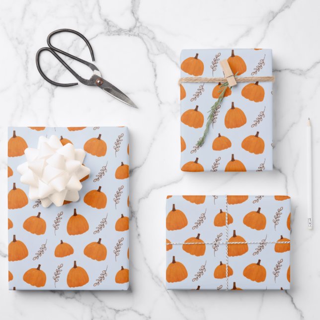 Fall Pumpkin Pattern Blau Geschenkpapier Set (Vorderseite)
