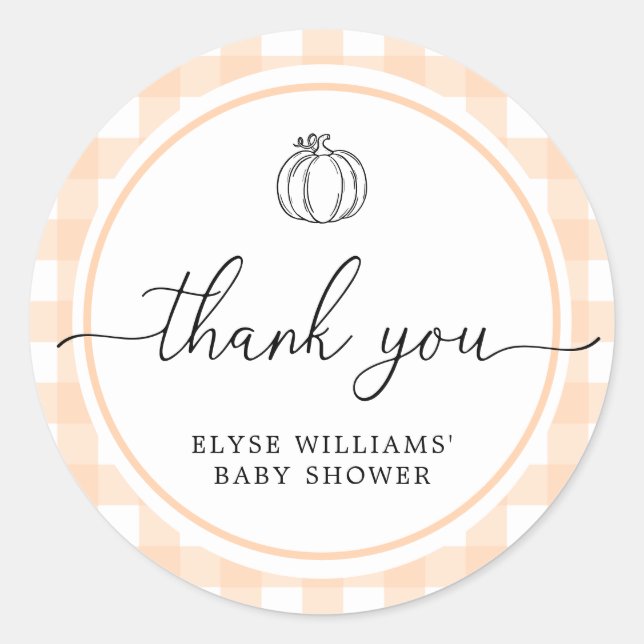 Fall Pumpkin Peach Gingham Dusche Gefallen Sticker (Vorderseite)