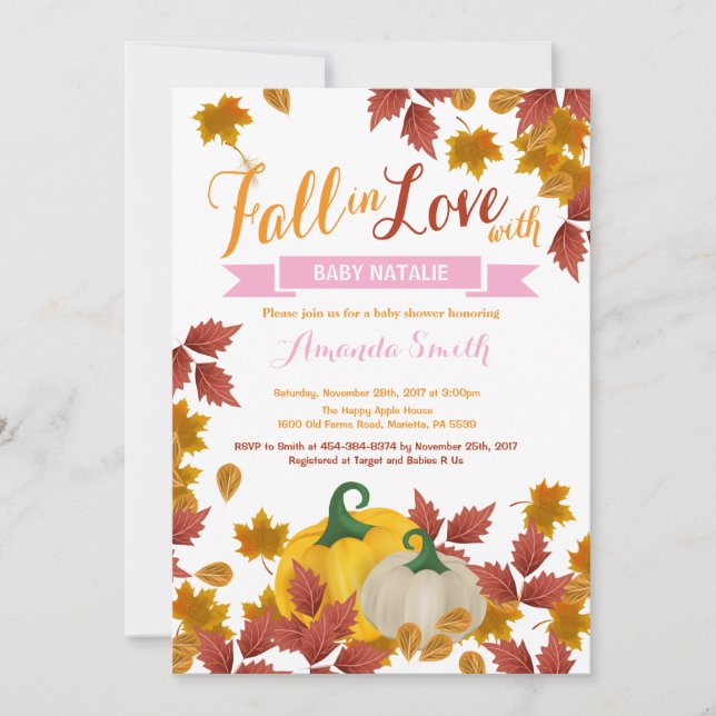 Fall Pumpkin Pink Girl Baby Dusche Einladung (Vorderseite)