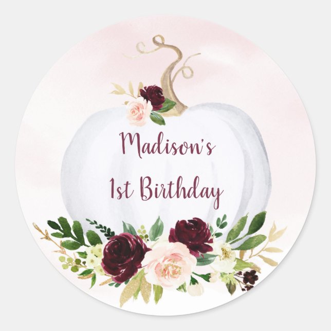 Fall Pumpkin Pink Gold Burgundy Geburtstag Runder Aufkleber (Vorderseite)