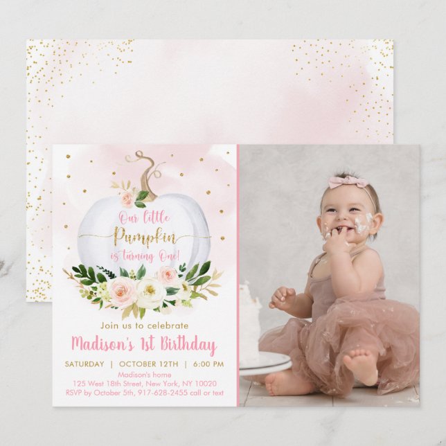 Fall Pumpkin Pink Gold Confetti Erster Geburtstag Einladung (Vorne/Hinten)