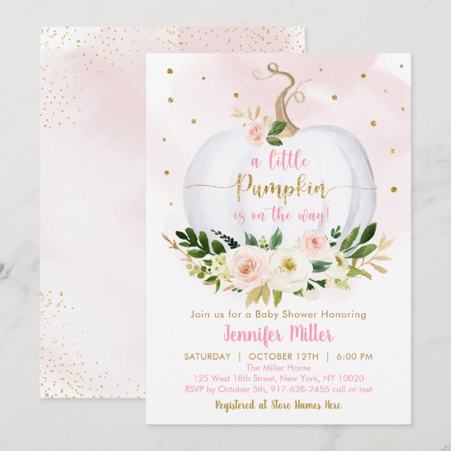 Fall Pumpkin Pink Gold Girl Baby Dusche Einladung (Vorne/Hinten)
