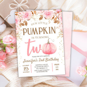 Fall Pumpkin Pink & Gold Girl Floral 2. Geburtstag Einladung