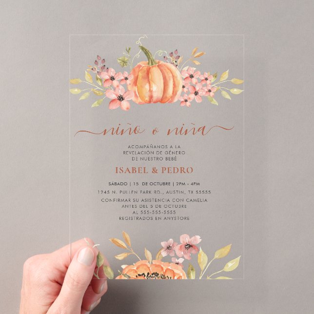 Fall Pumpkin Rustic Boho Spanische Geschlechteroff Acryleinladungen (Insitu (Handheld))