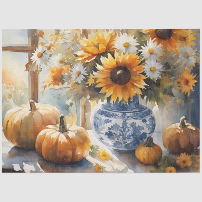 Fall Pumpkin Sonnenblumen Bläserblütenblau Weiße D Seidenpapier (Vorderseite)