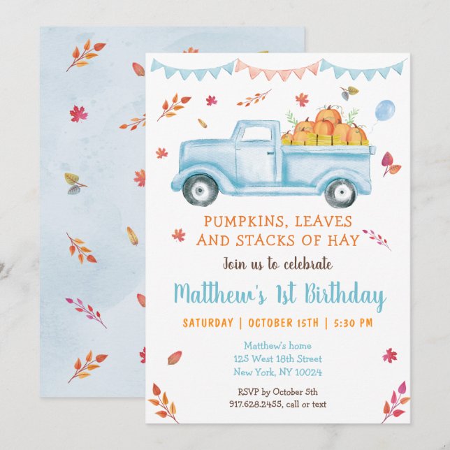 Fall Pumpkin Truck Birthday Einladung (Vorne/Hinten)
