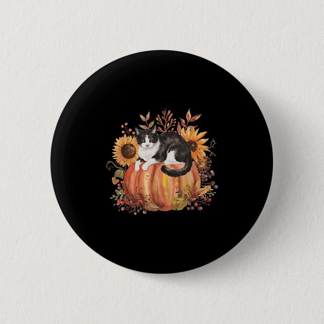 Fall Pumpkin Tuxedo Cat Sonnenblume Erntedank Sok Button (Vorderseite)