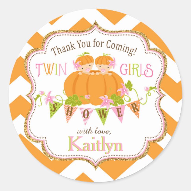 Fall Pumpkin Twin Girls Gold Glitzer Kinderdusche Runder Aufkleber (Vorderseite)