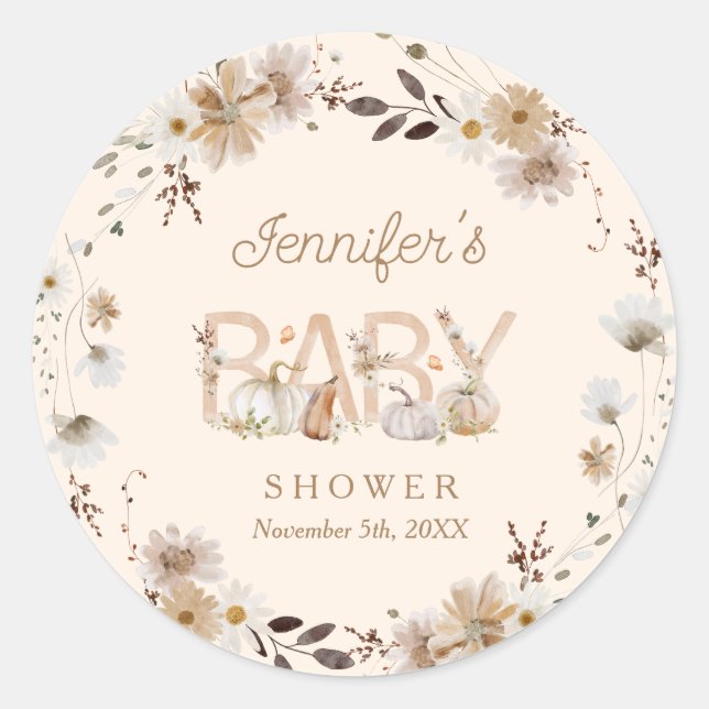 Fall Pumpkin und Floral Baby Dusche Runder Aufkleber (Vorderseite)