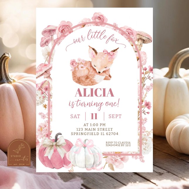 Fall Pumpkin White and Pink Fox Girl Birthday Einladung (Von Creator hochgeladen)
