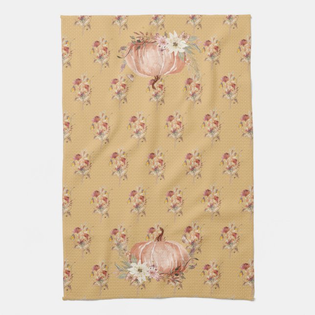 Fall Pumpkin Wildblume Floral Mustard Polka Dot Geschirrtuch (Vertikal)