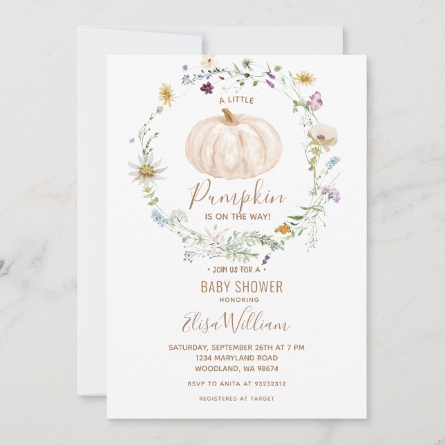 Fall Pumpkin Wildblume ist auf dem Weg Baby Shower Einladung (Vorderseite)