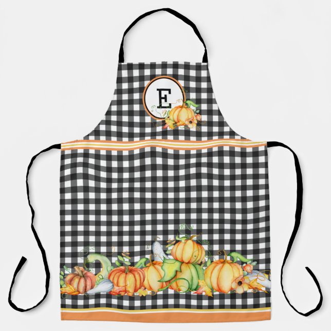 Fall Pumpkins auf Black Gingham Mit Monogramm Schürze (Vorderseite)