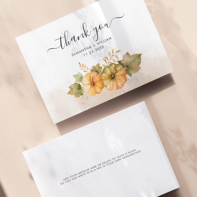 Fall Pumpkins Blätter Budget Hochzeit Vielen Dank Mitteilungskarte (Fall Wedding Thank You Card Front and Back View)