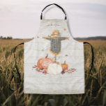 Fall Pumpkins Grandma Garden Scarecrow Rustikales  Schürze<br><div class="desc">Aquarellkunst eines Trios aus fallendem Kürbis,  bordeauxroten Blume,  Herbstblättern und einem stehenden Schreckenschutz mit seinen Freunden die Schmetterlinge. Ein rustikal bedrückter weich-grau-weiß lackierter Holzbrett Hintergrund ist mit Ihrem personalisierten Namen oder Nachricht gepaart. Kunst von international lizenzierten Künstler und Designer,  Audrey Jeanne Roberts,  Urheberrecht.</div>