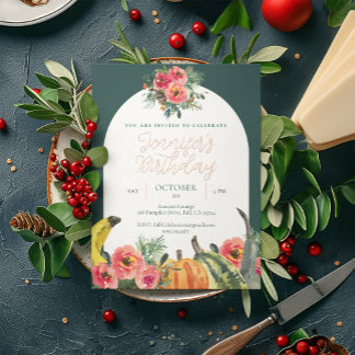 Fall Pumpkins Pink Floral Gold Geburtstagsparty Folieneinladung