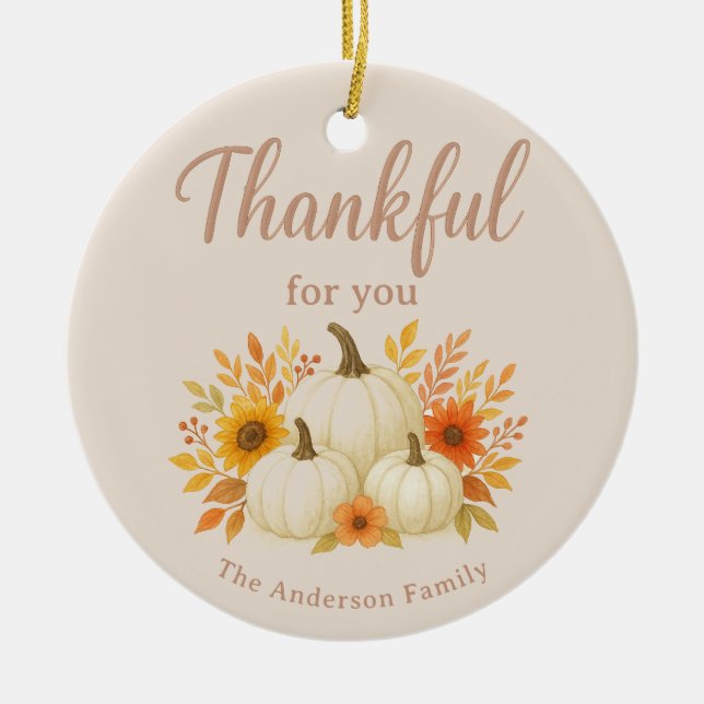 Fall Pumpkins & Sonnenblumen | Eleganter Erntedank Keramik Ornament (Vorne)