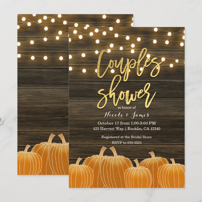 Fall Pumpkins Wood Lights Gold Couple Dusche Einladung (Vorne/Hinten)