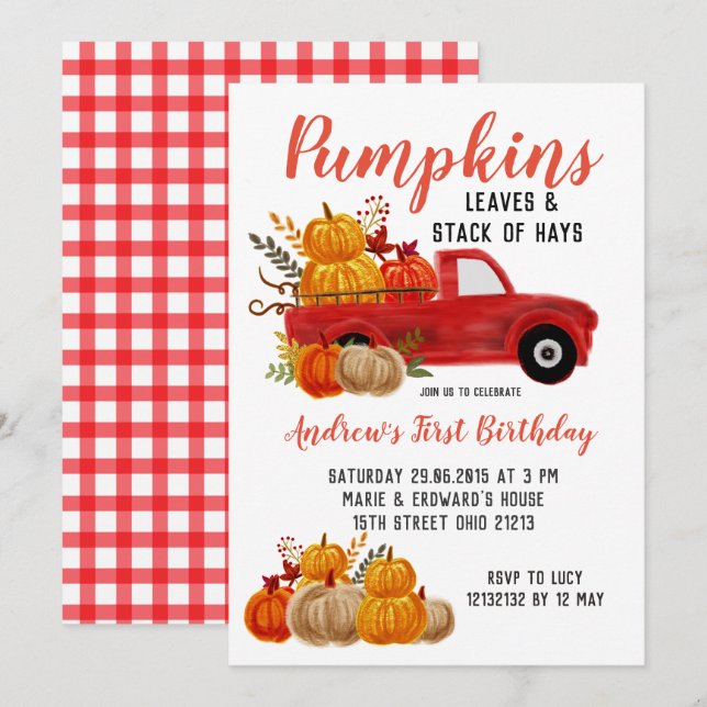 Fall Red Truck Pumpkin Birthday Einladung (Vorne/Hinten)