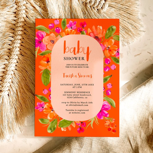 Fall retro orange pink floral script baby shower einladung (Fall boho pink orange floral script baby shower invitation on orange)
