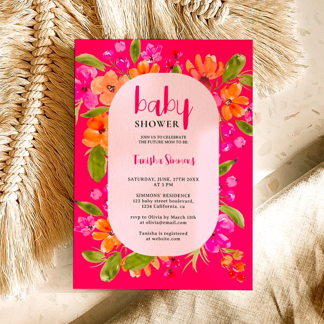 Fall retro pink orange floral script baby shower einladung (Fall boho pink orange floral script baby shower invitation on neon pink)