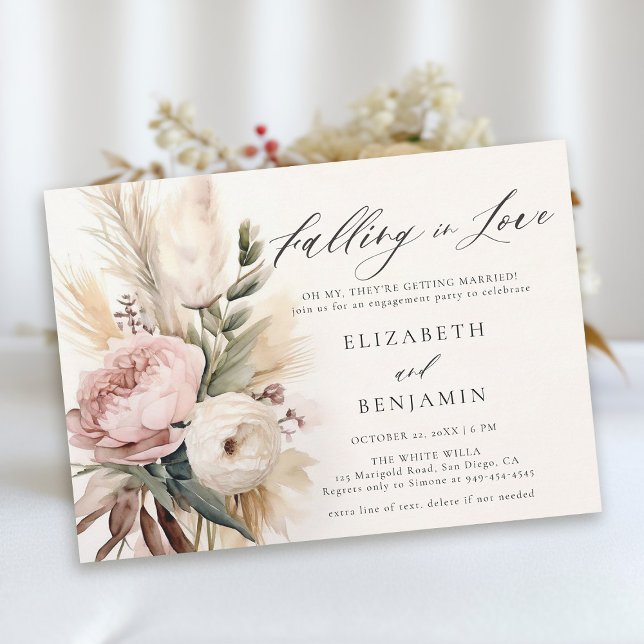 Fall Romantische Peony Rosen Pampas Engagement Par Einladung (fall engagement party invitation falling in love peony pampas boho rust burnt orange watercolor chic)